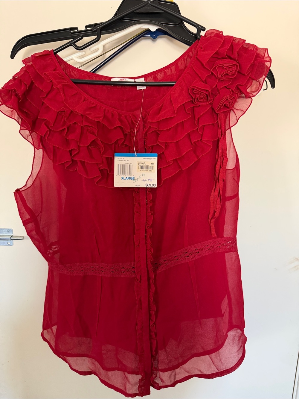 Jennifer Lopez Red Ruffle-Trim Sheer Blouse